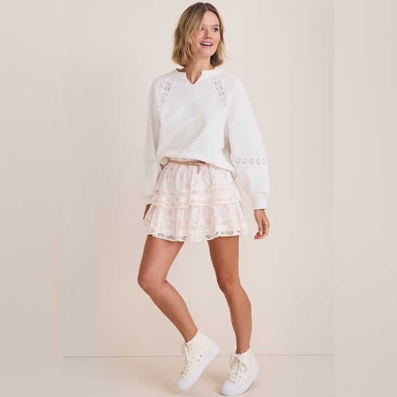 Francescas Samantha Bow Print Tiered Mini Skirt Lace Trim Flowy Pink White Large - Picture 5 of 7